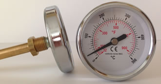 Termometro pirometrico bimetallico per forno a legna, con gambo